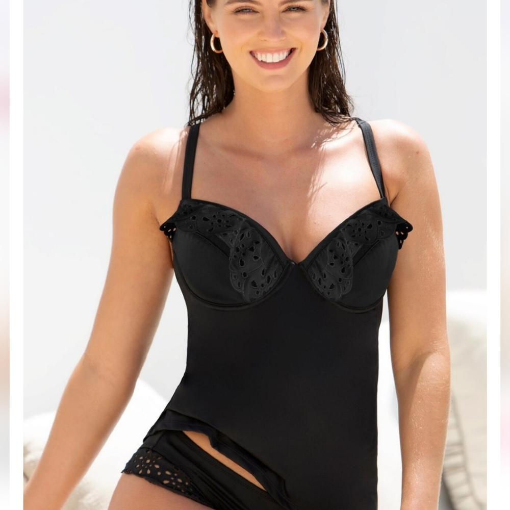 Pour Moi Wonderlust Lightly Padded Underwire Tankini Top With Eyelet Ruffles